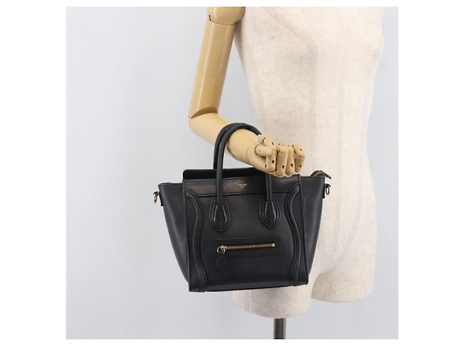 Céline CELINE Luggage Mini Shopper Hand Bag Leather Black Gold Auth 205325 Preto Dourado - vista 31
