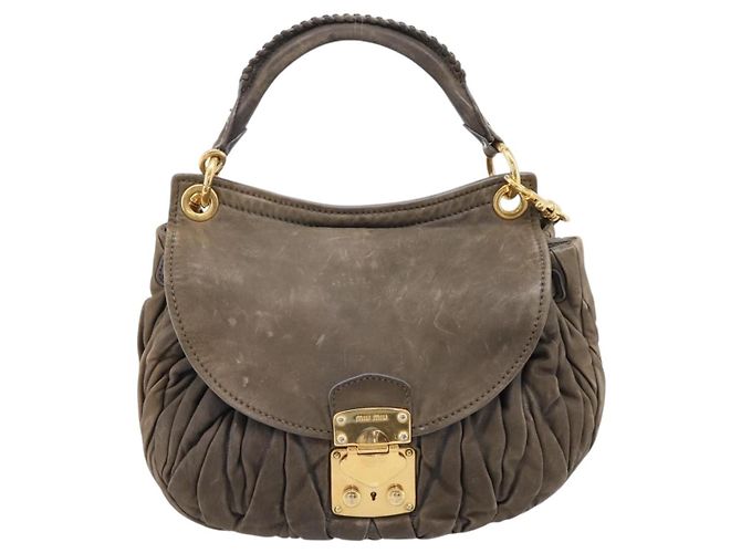 Bolsa de Mão Miu Miu Matelassé em Couro 2way Cinza Tom Dourado Auth 167729A Marrom - vista 13