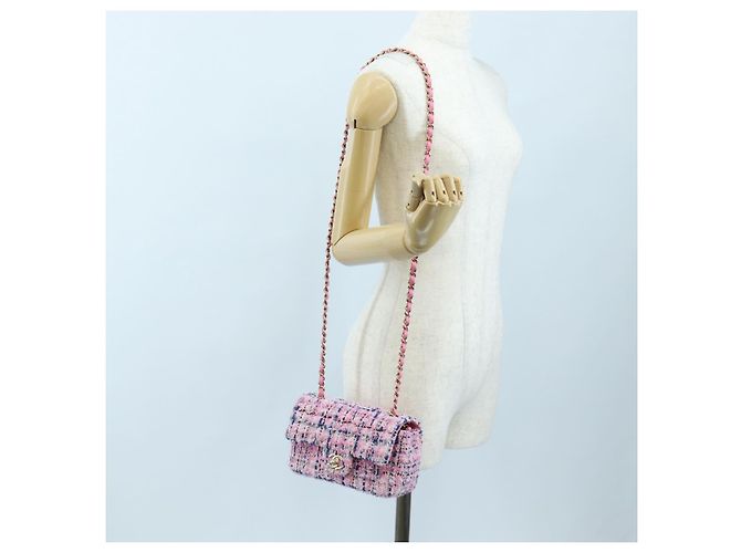 CHANEL Mini Matelasse 19 Single Flap Chain Shoulder Bag Tweed Auth BA16210SM Pink - Ansicht 27