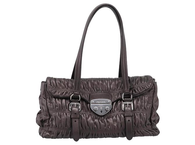 Bolso Tote PRADA Ready Lock de piel Nappa Gris Plata Auth am12760M Castaño - vista 13