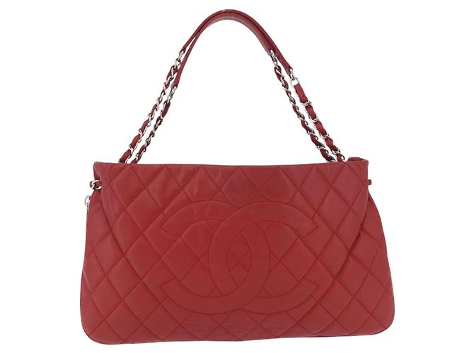 CHANEL Schultertasche mit Kette Kaviarleder Rot Silber CC Auth 202542V - Ansicht 13