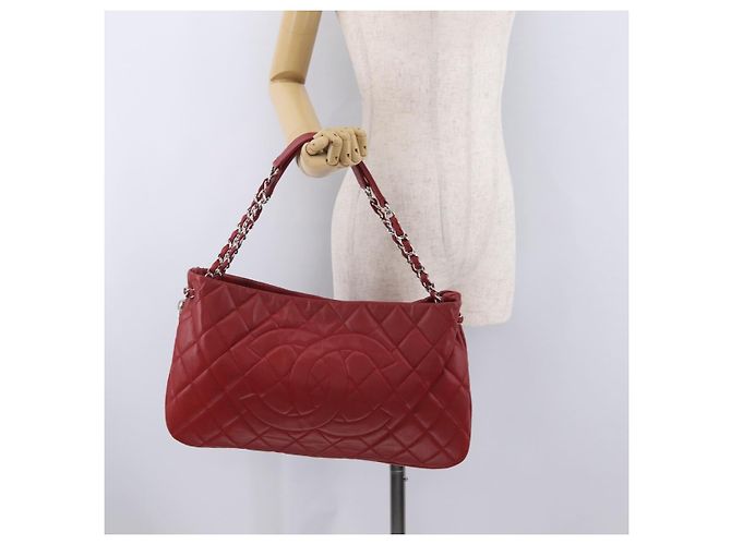 CHANEL Schultertasche mit Kette Kaviarleder Rot Silber CC Auth 202542V - Ansicht 28
