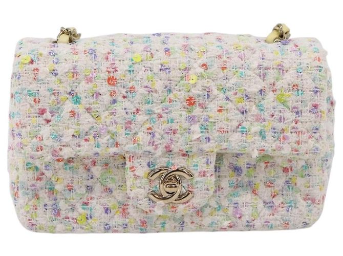 CHANEL Mini Matelasse 20 Single Flap Chain Bag Tweed White CC Auth BA15757SM Weiß Golden - Ansicht 13