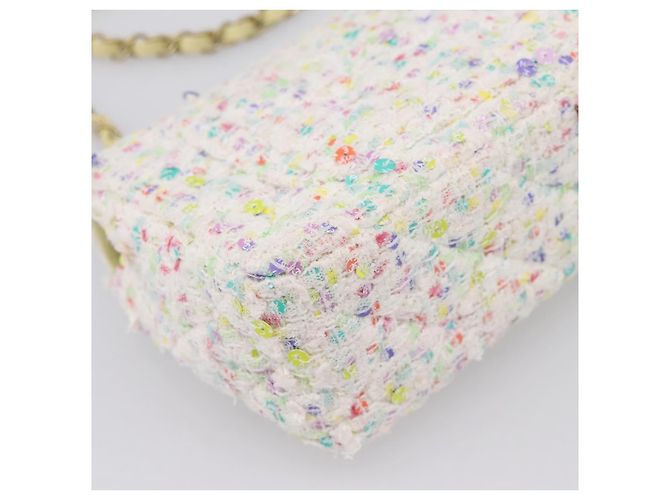 CHANEL Mini Matelasse 20 Single Flap Chain Bag Tweed White CC Auth BA15757SM Weiß Golden - Ansicht 16
