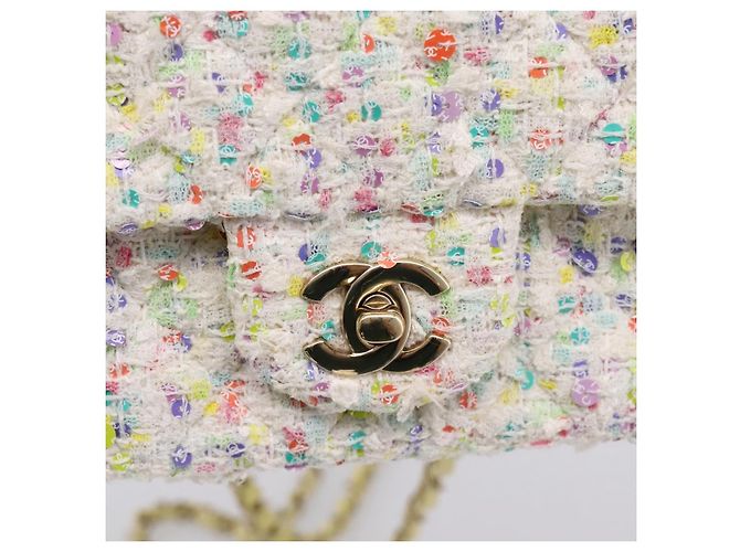 CHANEL Mini Matelasse 20 Single Flap Chain Bag Tweed White CC Auth BA15757SM Weiß Golden - Ansicht 17