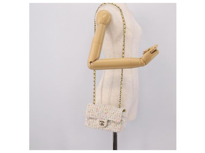 CHANEL Mini Matelasse 20 Single Flap Chain Bag Tweed White CC Auth BA15757SM Weiß Golden - Ansicht 25