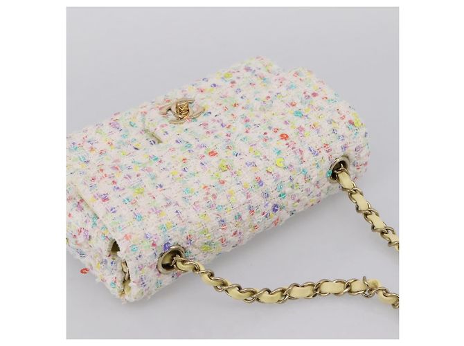 CHANEL Mini Matelasse 20 Single Flap Chain Bag Tweed White CC Auth BA15757SM Weiß Golden - Ansicht 6