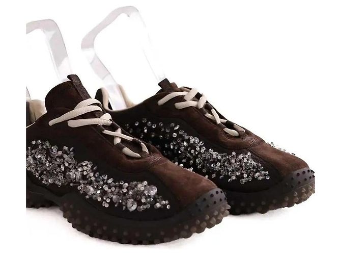 Miu Miu Sneakers in tessuto tecnico ricamato bubble marrone - vista 3