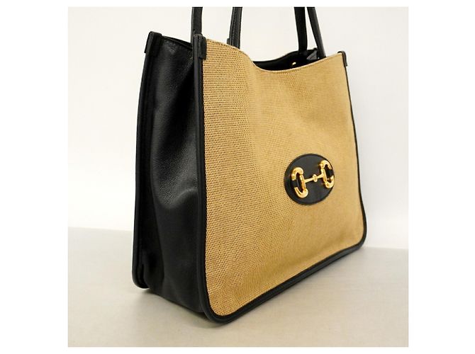 Borsa Tote Gucci Horsebit Beige e Blu Navy in Pelle e Tela - vista 2
