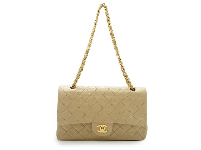 Chanel Borsa a tracolla con catena Double Flap Matelasse 25 in pelle d'agnello Beige - vista 3