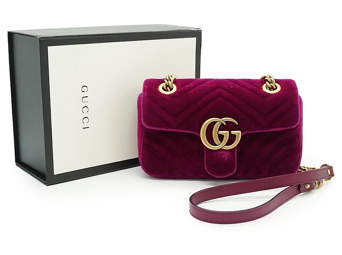 Gucci Mini Bolsa de Ombro GG Marmont em Veludo com Corrente Rosa Roxo - vista 16