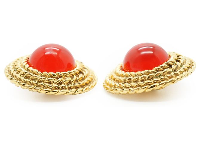 Chanel Vintage Gripoix große runde Clip-On-Ohrringe Rot Golden - Ansicht 3