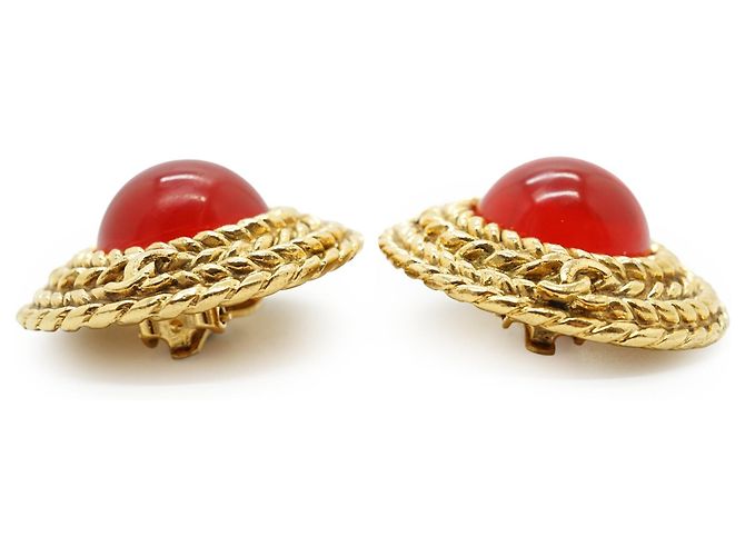 Chanel Vintage Gripoix große runde Clip-On-Ohrringe Rot Golden - Ansicht 5
