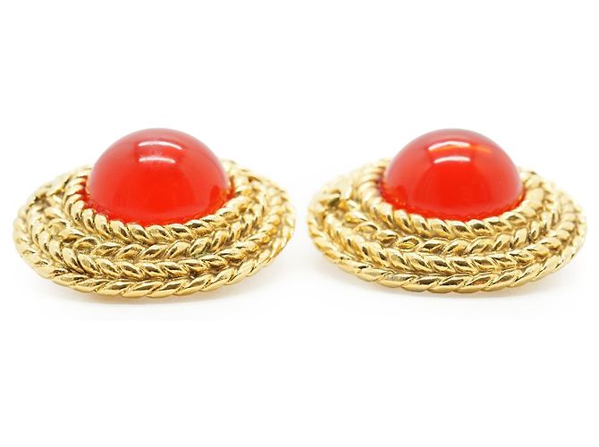 Chanel Vintage Gripoix große runde Clip-On-Ohrringe Rot Golden - Ansicht 6