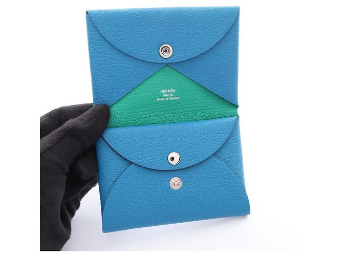 Hermès Hermes Calvi Duo Verso Geldbörse Blau Grün - Ansicht 3