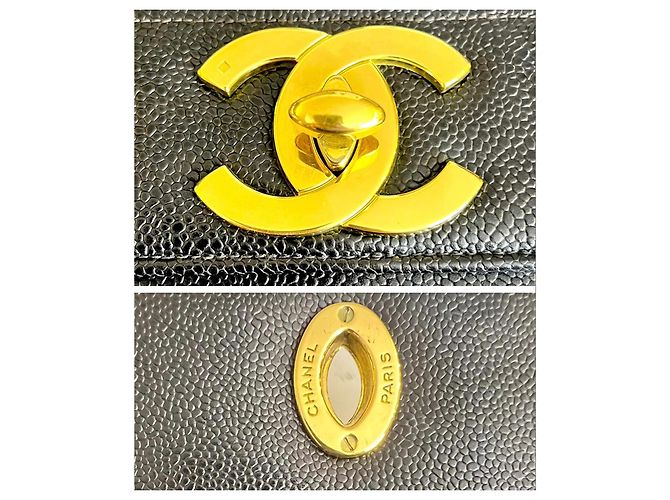 Classique Chanel Jumbo Kelly Sac à Rabat Vertical Cuir Caviar Noir Bijouterie dorée - vue 4