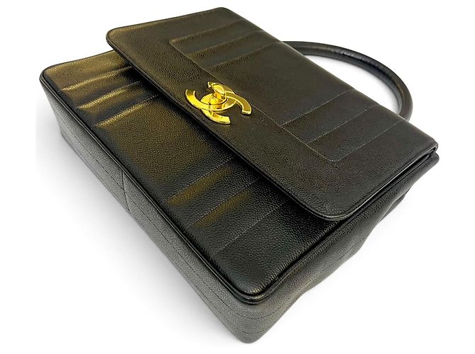 Classique Chanel Jumbo Kelly Sac à Rabat Vertical Cuir Caviar Noir Bijouterie dorée - vue 7