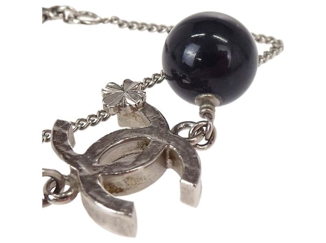 Chanel CC Kleeblatt Anhänger Kette aus Metall mit Emaille Silber - Ansicht 3