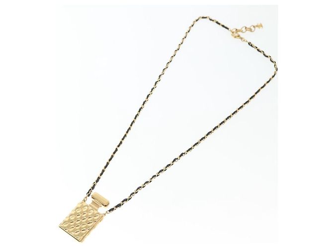 Pendentif chaîne longue en métal Chanel CC en forme de flacon de parfum avec cuir, cristaux et fausses perles Doré - vue 2