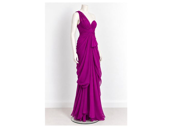 Vera Wang One-Shoulder Drapiertes Chiffon-Abendkleid Lila - Ansicht 2