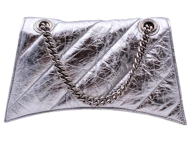 Hourglass Balenciaga Petit sac à épaule Crush en cuir matelassé argent métallisé Argenté - vue 3