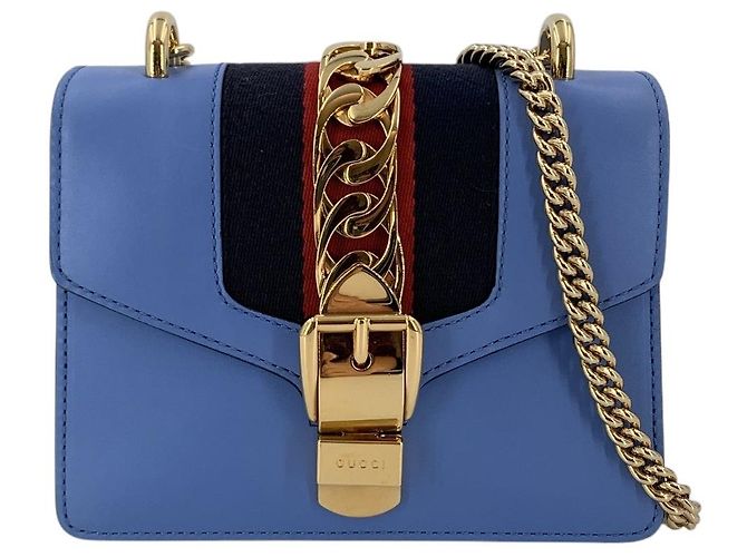 Gucci Mini borsa a tracolla Sylvie con patta, catena e Web in pelle azzurra Blu - vista 8