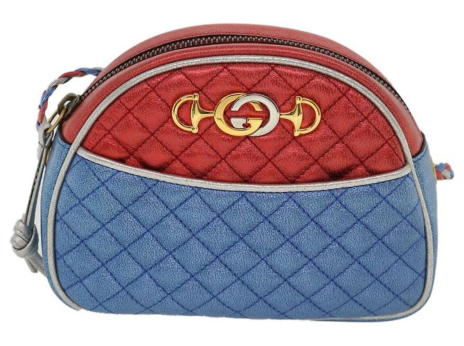 GUCCI Horsebit Pochette Shoulder Bag Lamb Skin Red Blue 534951 - vista 13