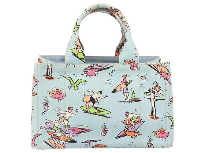 PRADA Canapa MM Hand Bag Canvas Light Blue Gold - vista 13