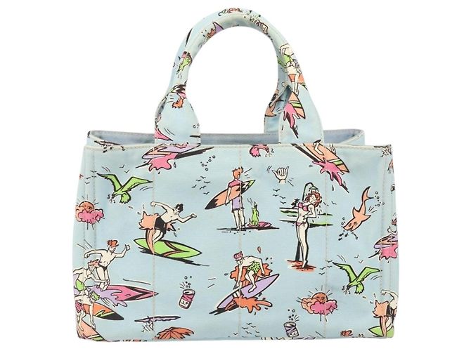 PRADA Canapa MM Hand Bag Canvas Light Blue Gold - vista 2