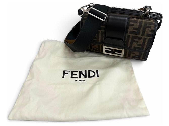 Fendi Canvas Leather Zucca Pattern Baguette Double Shoulder Bag Brown Black - view 2