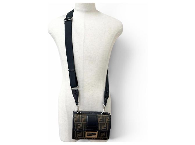 Fendi Canvas Leather Zucca Pattern Baguette Double Shoulder Bag Brown Black - view 3