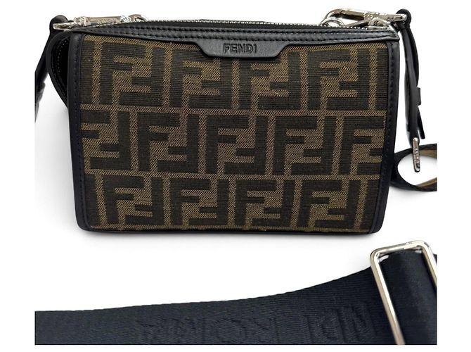 Fendi Canvas Leather Zucca Pattern Baguette Double Shoulder Bag Brown Black - view 4