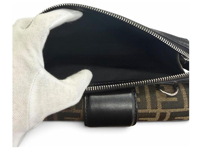 Fendi Canvas Leather Zucca Pattern Baguette Double Shoulder Bag Brown Black - view 7