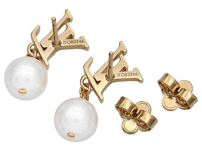 Louis Vuitton Gold Plated Pearl Stud Earrings Golden - view 3