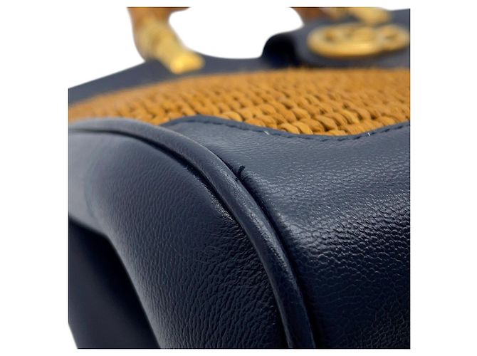Borsa Gucci GG Marmont in pelle e rafia con bambù Marrone Blu navy - vista 10