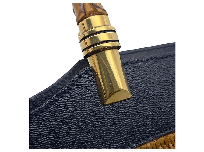 Borsa Gucci GG Marmont in pelle e rafia con bambù Marrone Blu navy - vista 11