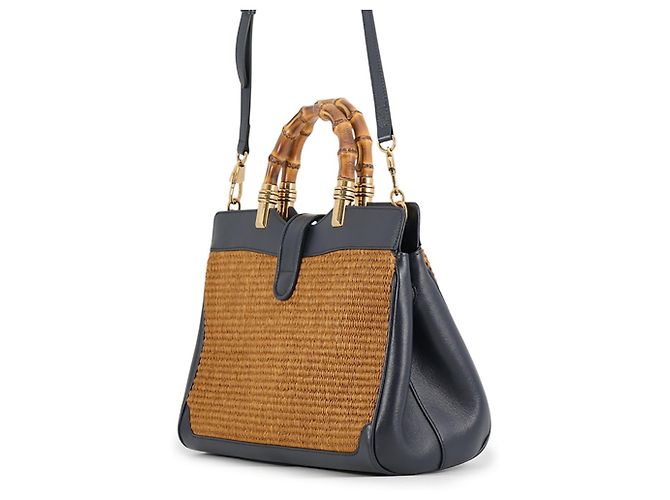Borsa Gucci GG Marmont in pelle e rafia con bambù Marrone Blu navy - vista 2