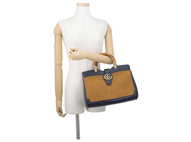 Borsa Gucci GG Marmont in pelle e rafia con bambù Marrone Blu navy - vista 4
