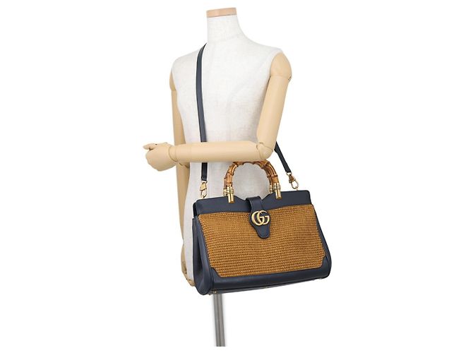 Borsa Gucci GG Marmont in pelle e rafia con bambù Marrone Blu navy - vista 5
