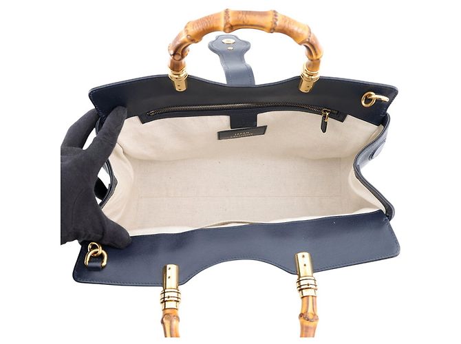 Borsa Gucci GG Marmont in pelle e rafia con bambù Marrone Blu navy - vista 6