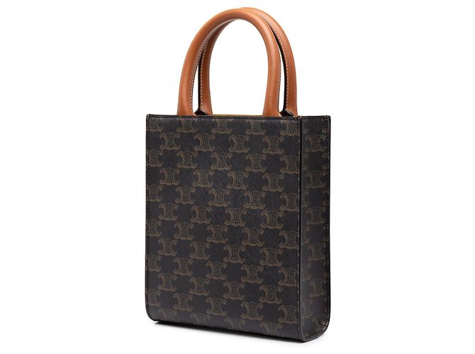 Céline Celine Mini Triomphe Coated Canvas Vertical Cabas Satchel Marrone Marrone scuro - vista 2