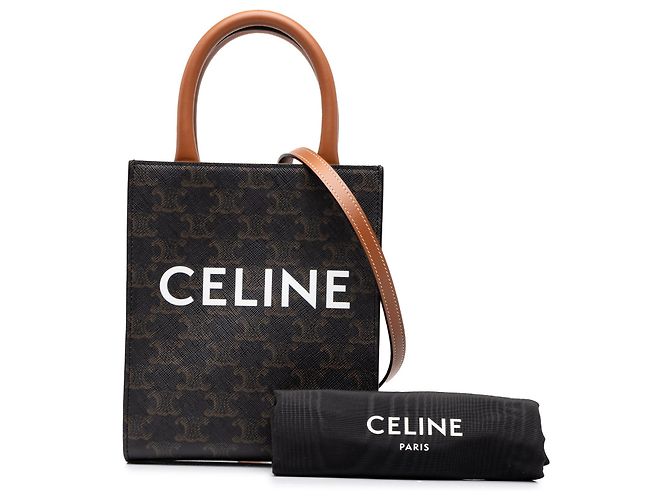 Céline Celine Mini Triomphe Coated Canvas Vertical Cabas Satchel Marrone Marrone scuro - vista 7