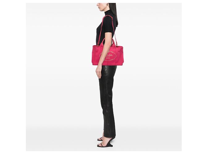 Borsa Tote Prada in tela Canapa rosa con logo - vista 8