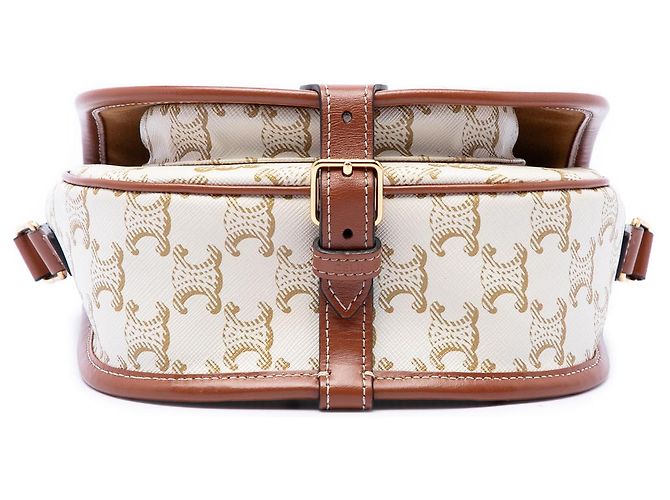 Céline Celine White Medium Triomphe Coated Canvas Folco Crossbody Branco Cru - vista 3