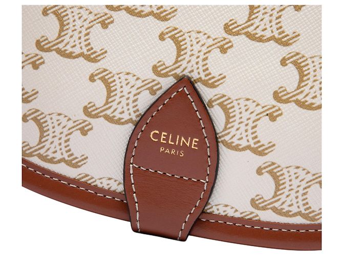 Céline Celine White Medium Triomphe Coated Canvas Folco Crossbody Branco Cru - vista 5