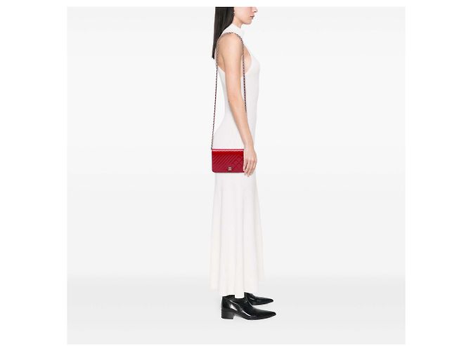 Chanel Red Quilted Patent Coco Boy Wallet On Chain Rosso - vista 6