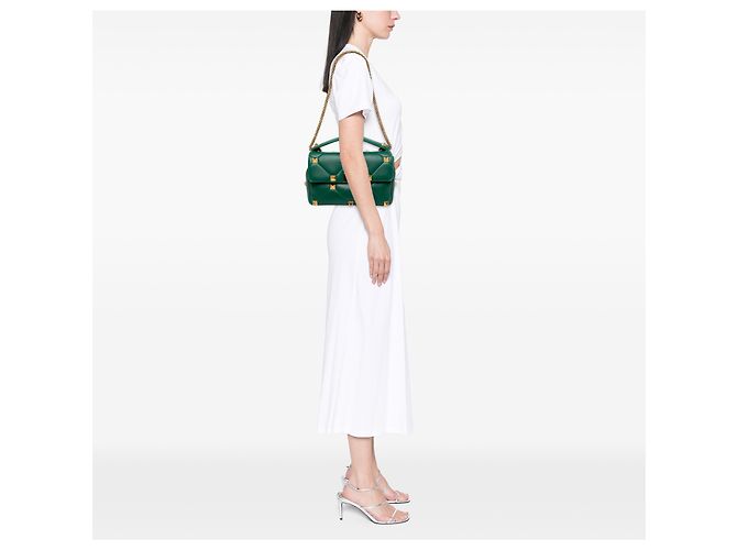 Borsa Satchel Valentino Roman Stud Large in Nappa Verde - vista 5