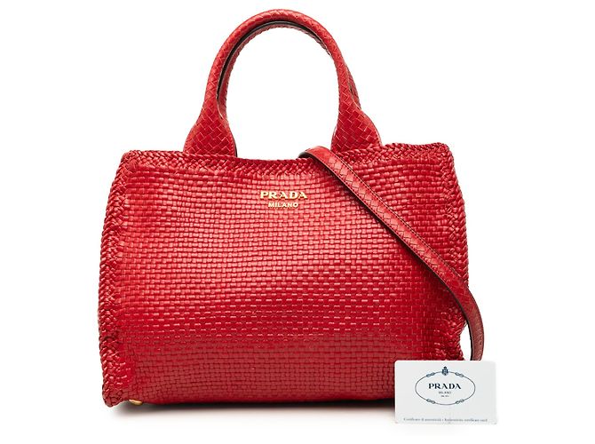 Borsa Satchel Prada Small in capretto intrecciato Madras Rossa Rosso - vista 7