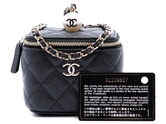 Mini Vanity Case Chanel Nero Matelassé in Pelle Caviar con Perle e Catena - vista 7