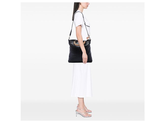 Borsa Tote Gucci Black Tall Pebbled Calfskin Bamboo Shopper Nero - vista 6